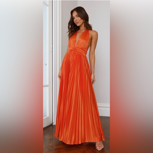 Hello Molly Dresses & Skirts - Hello Molly Orange Satin Halter Pleated Maxi Gown